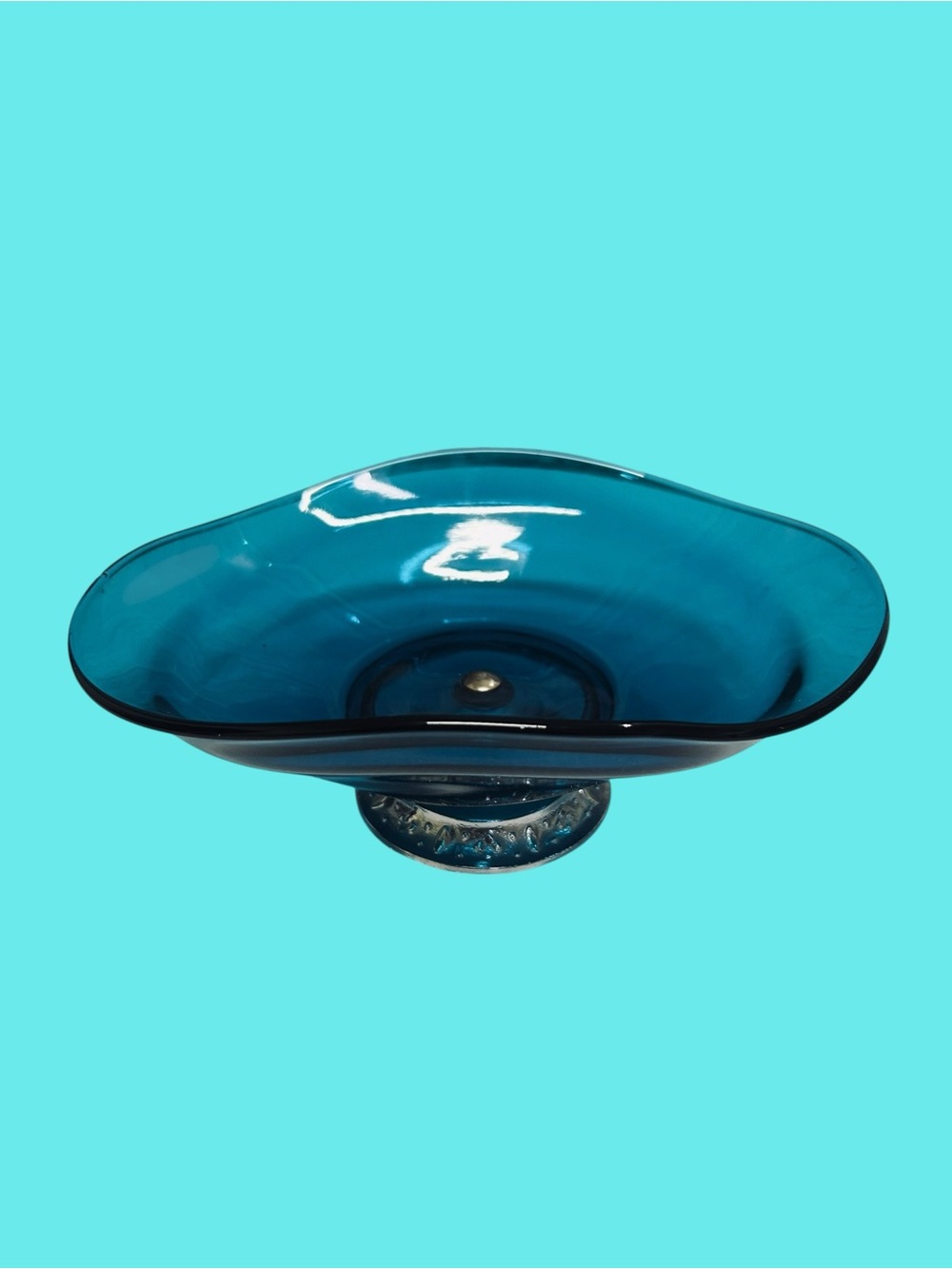Vintage Teal Blue Glass Silver Pedestal Compote Bowl